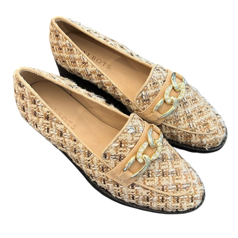 Talbots LEIGHTON CHAIN METALLIC BOUCLÉ LOAFERS Tweed Size 6M Cafe Ivory $165